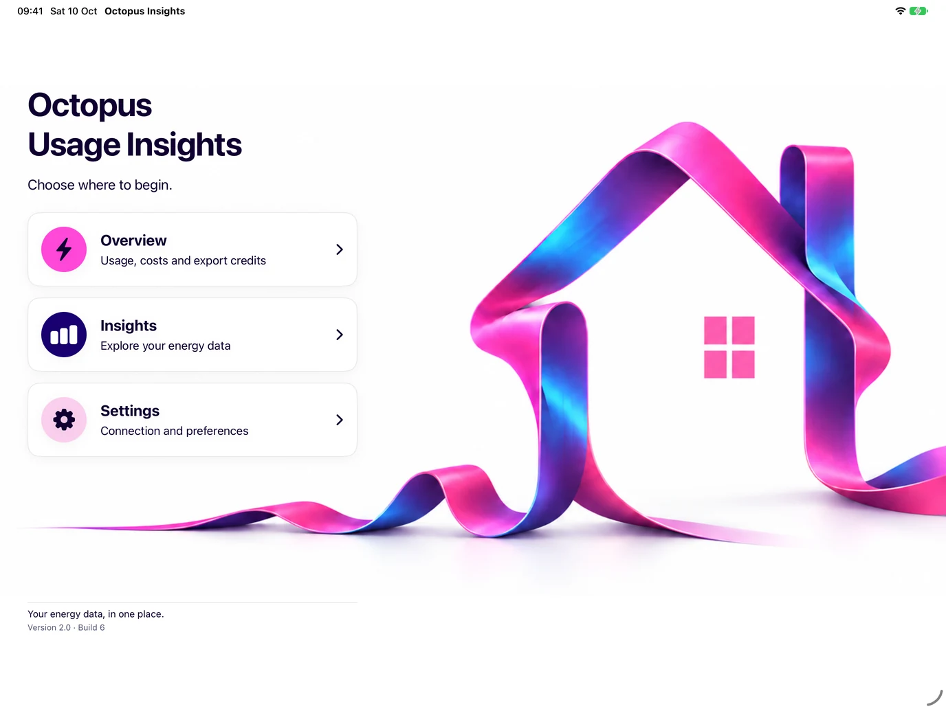Version 2 Home screen with colourful ribbon house artwork